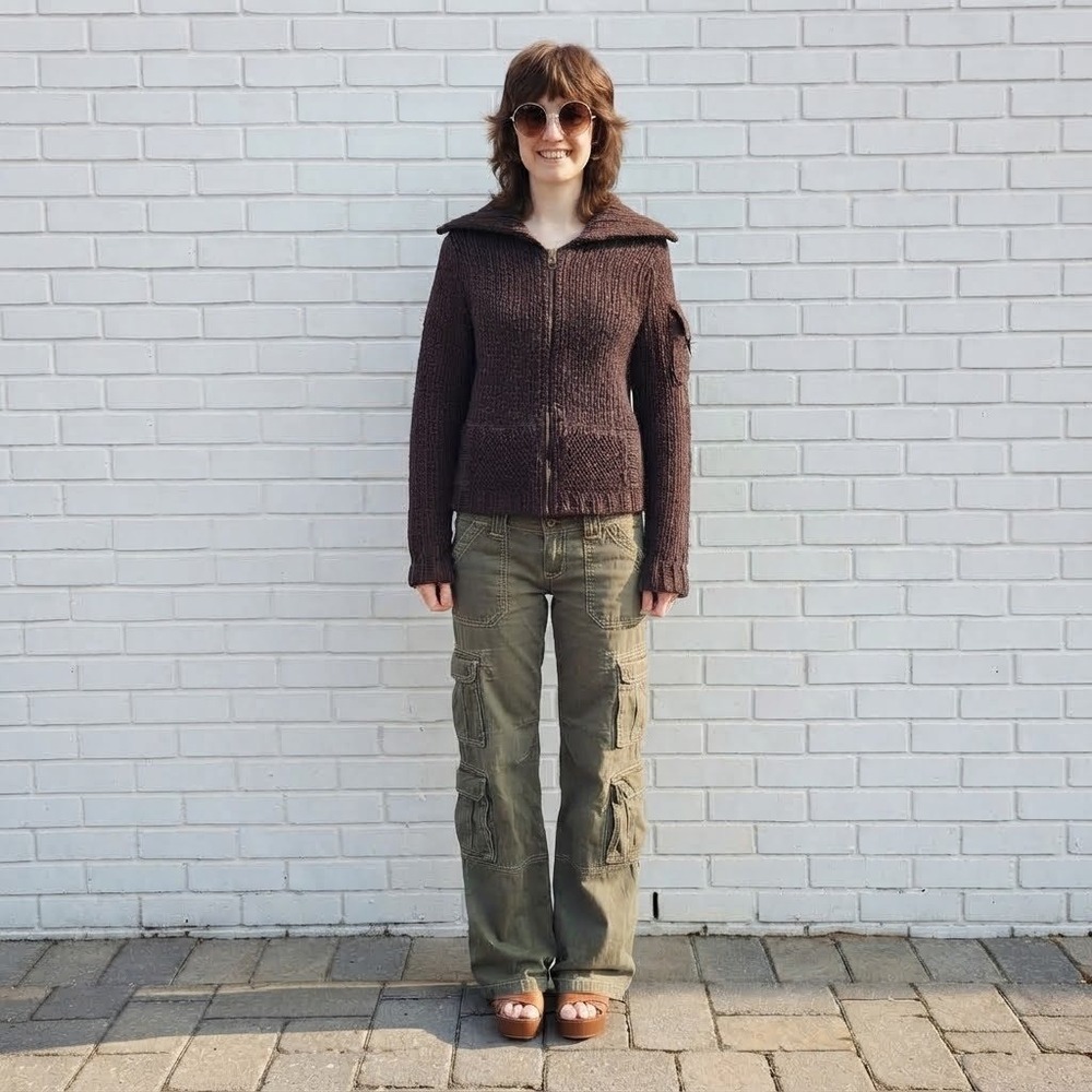 Banana Republic 100% Wool Zip Up Sweater M Brown Chunky Knit Earthy Y2K Cowichan